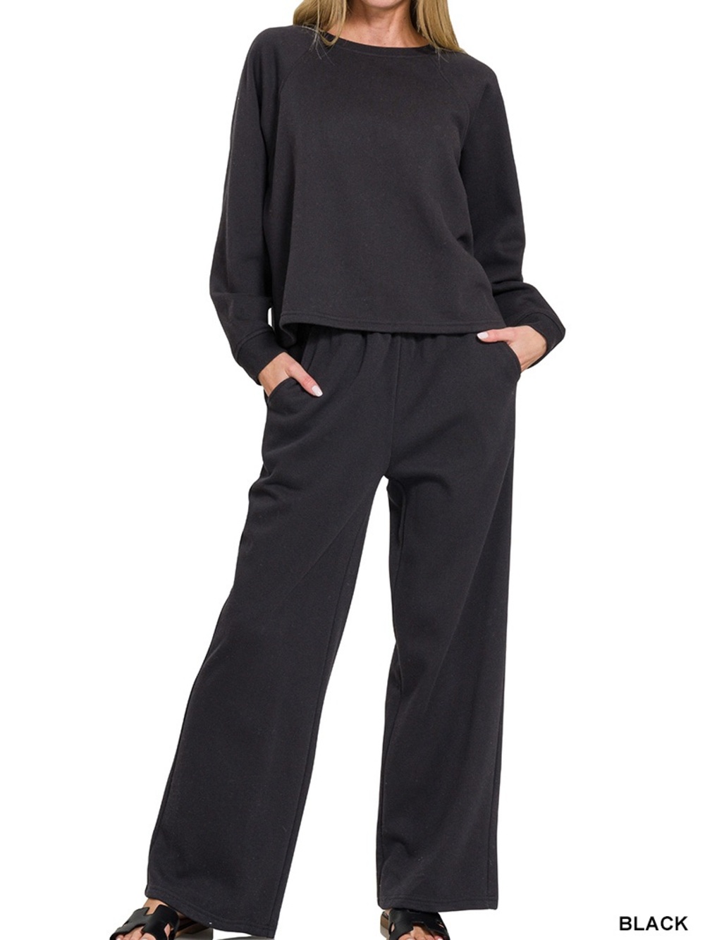 Zenana black wide leg sweatsuit set